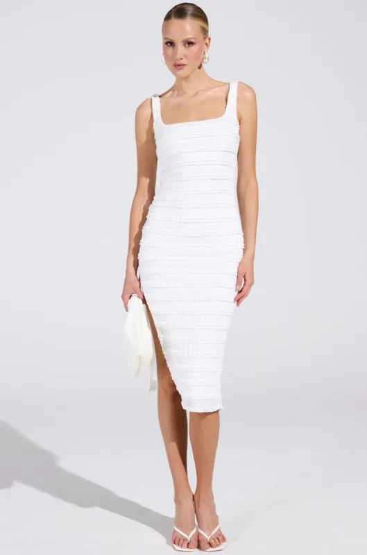 BETTER BELIEVE IT TEXTURED MIDI DRESS IN WHITE sold by AKIRA