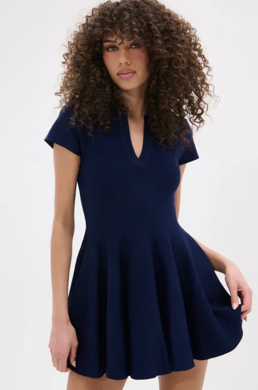 SLEEK AND CHIC KNIT MINI DRESS IN NAVY sold by AKIRA