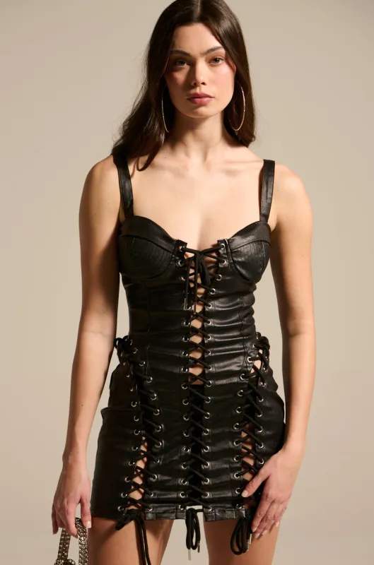 INTO THE NIGHT PU MINI DRESS sold by AKIRA