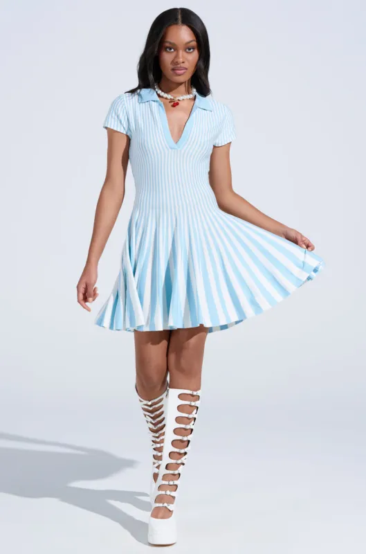 ALINA PLEATED KNIT FIT AND FLARE MINI DRESS IN BLUE sold by AKIRA