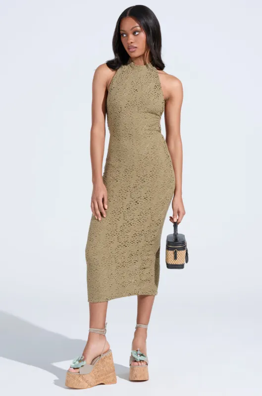 ON THE MOVE BODYCON MIDI DRESS IN OLIVE sold by AKIRA