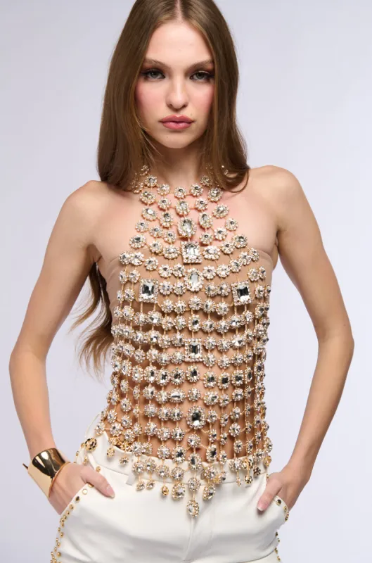 ICY GIRL RHINESTONE EMBELLISHED TOP IN GOLD sold by AKIRA