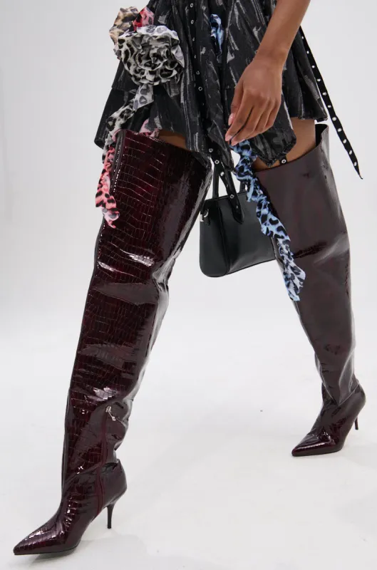 AZALEA WANG HALINA BURGUNDY CROC STILETTO BOOT sold by AKIRA