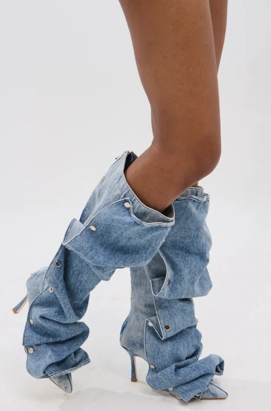 AZALEA WANG IMOGINE DENIM SNAP BOOT sold by AKIRA