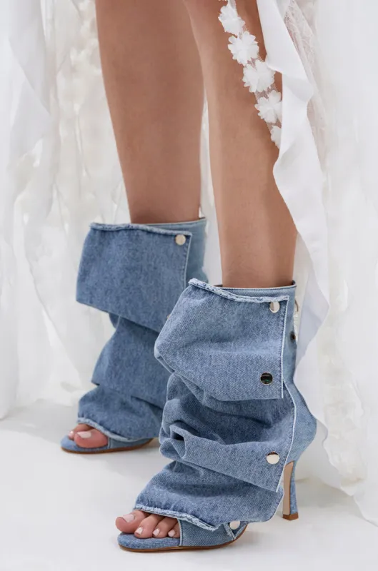 AZALEA WANG BIRD SONG DENIM OPEN TOE SNAP BOOTIE sold by AKIRA