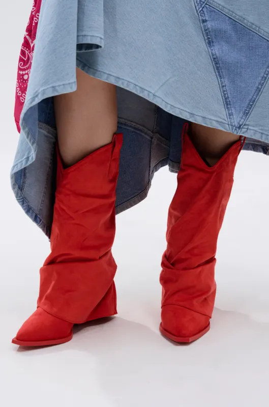 AZALEA WANG HAWKSTON RED RUCHED WESTERN BOOTIE sold by AKIRA