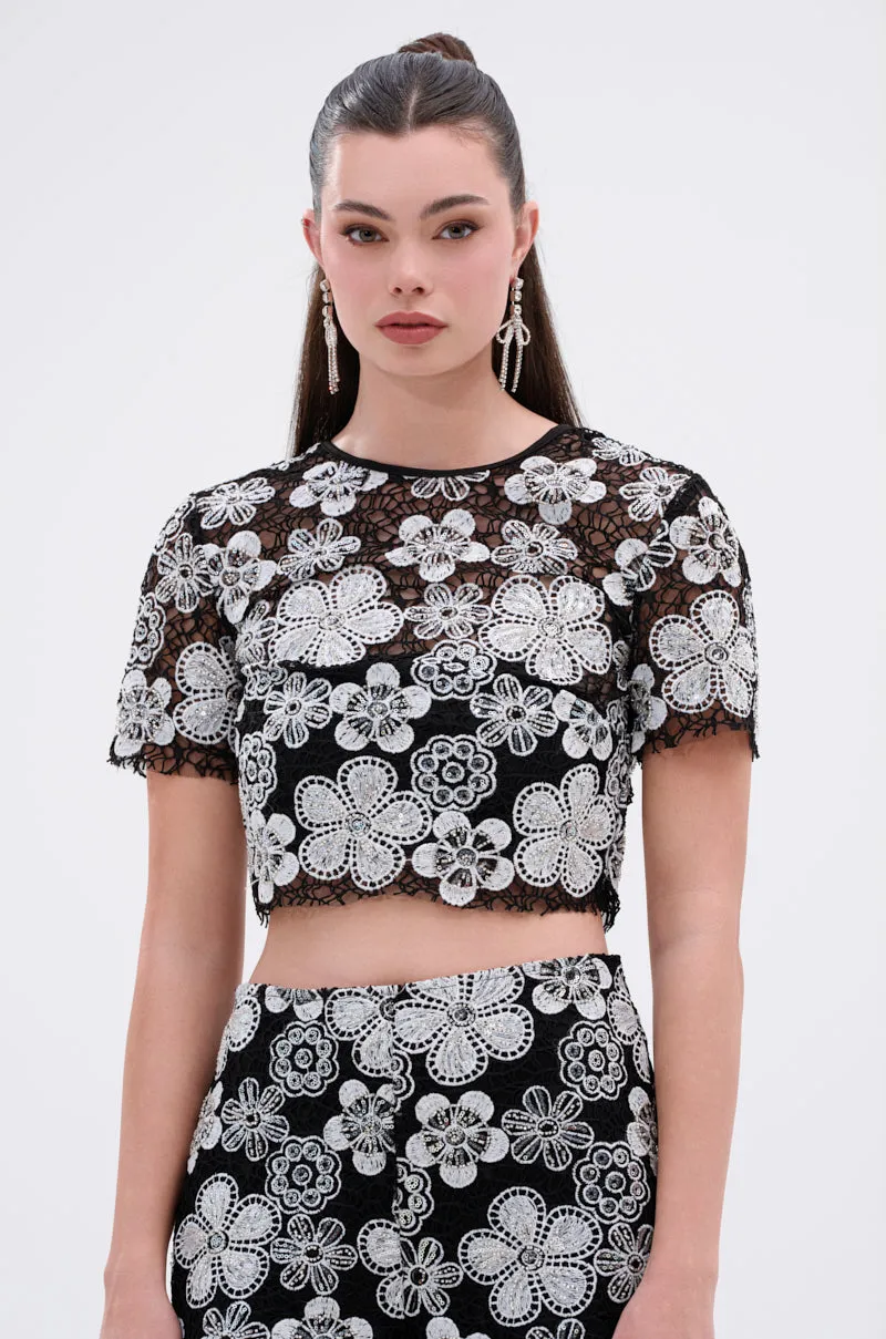 FLORAL SEQUIN MESH SHORT SLEEVE BLOUSE sold by AKIRA