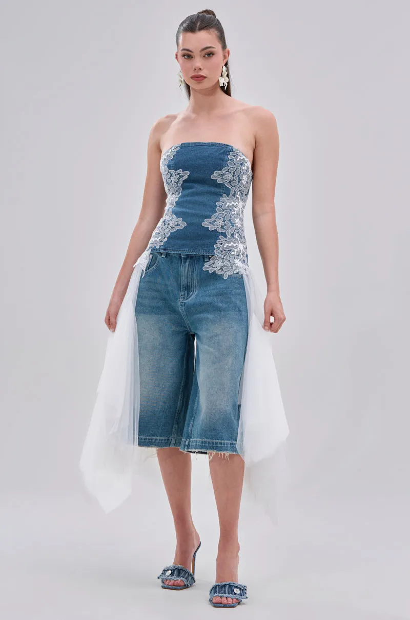 NO DRAMA STRETCH DENIM LACE DETAILED CORSET sold by AKIRA