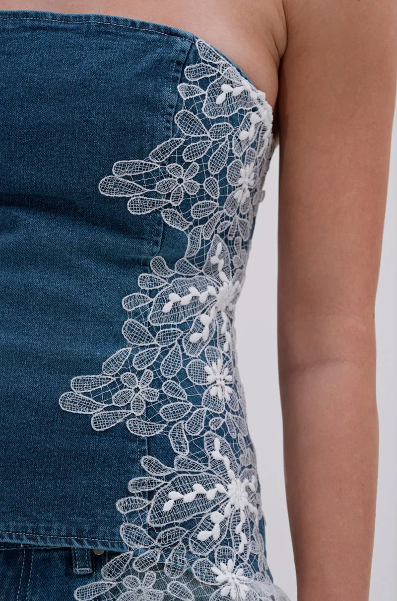 NO DRAMA STRETCH DENIM LACE DETAILED CORSET sold by AKIRA product image thumbnail 5