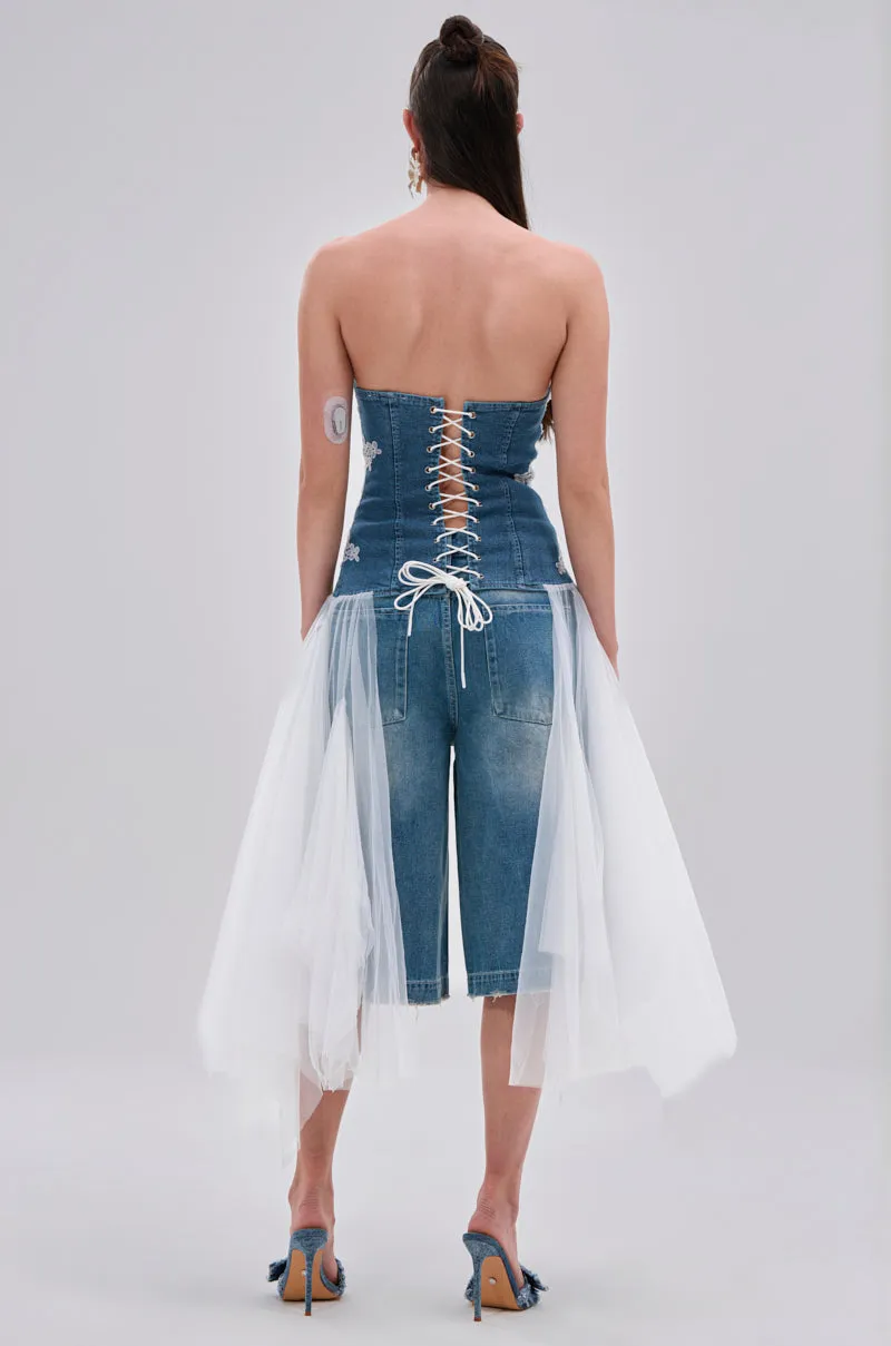 NO DRAMA STRETCH DENIM LACE DETAILED CORSET sold by AKIRA product image thumbnail 4