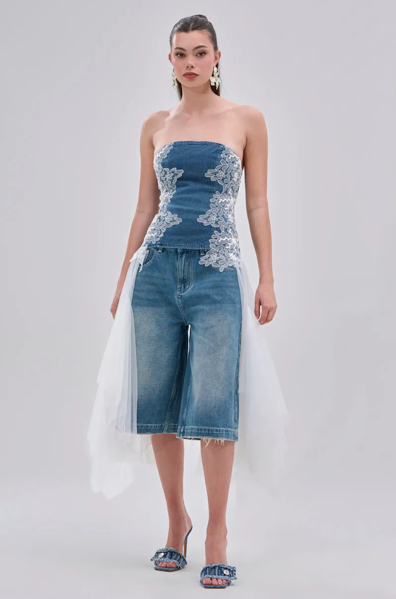 NO DRAMA STRETCH DENIM LACE DETAILED CORSET sold by AKIRA product image thumbnail 2
