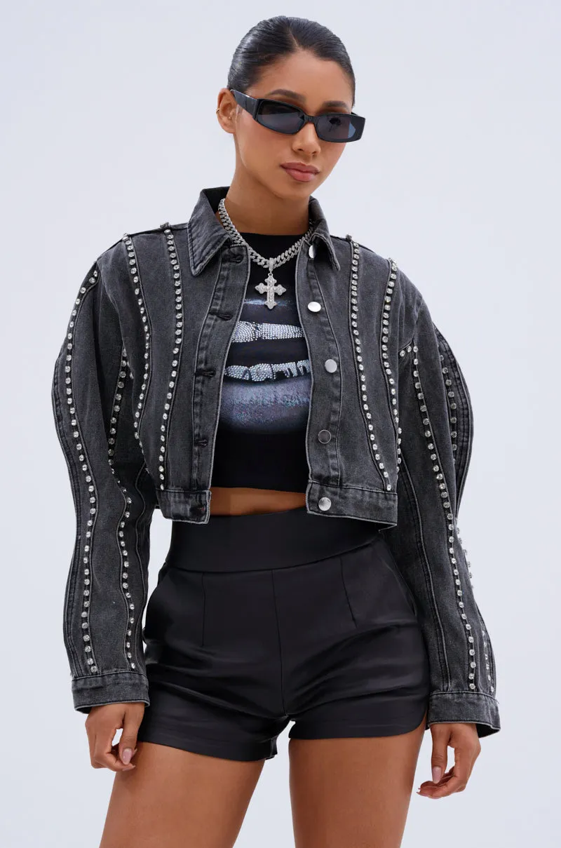 EXTRA EXTRA EMBELLISHED DENIM JACKET sold by AKIRA
