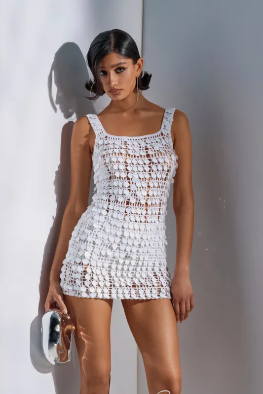 SHINE BRIGHT CROCHET SEQUIN MINI DRESS IN WHITE sold by AKIRA