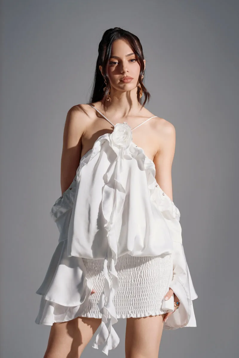 CHIC AF RUFFLE MINI DRESS IN WHITE sold by AKIRA