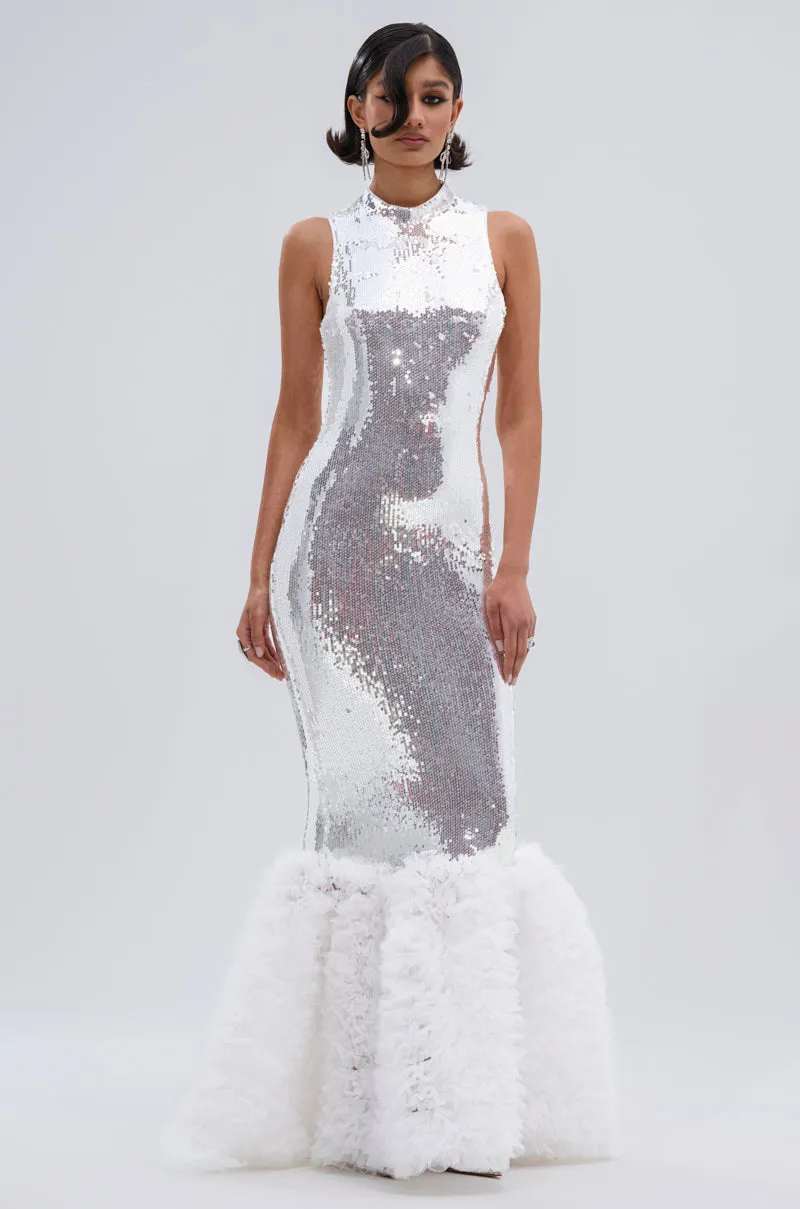 BELLE OF THE BALL SEQUIN RUFFLE MAXI DRESS IN WHITE sold by AKIRA product image thumbnail 2