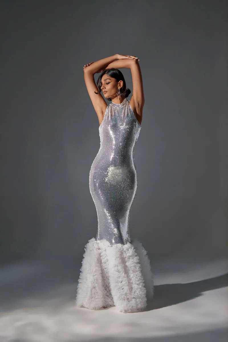 BELLE OF THE BALL SEQUIN RUFFLE MAXI DRESS IN WHITE sold by AKIRA