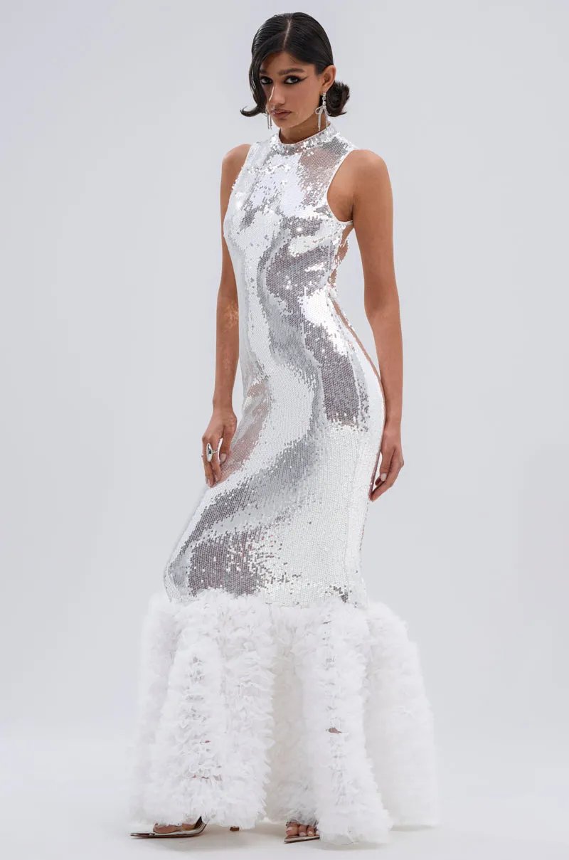 BELLE OF THE BALL SEQUIN RUFFLE MAXI DRESS IN WHITE sold by AKIRA product image thumbnail 4