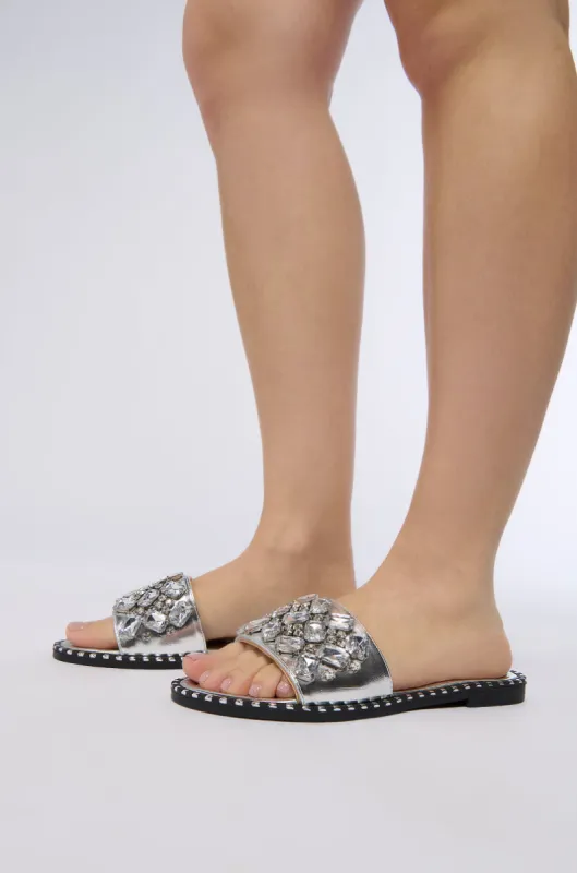 AZALEA WANG KIZZIE SILVER GEM EMBELLISHED FLAT SANDAL sold by AKIRA