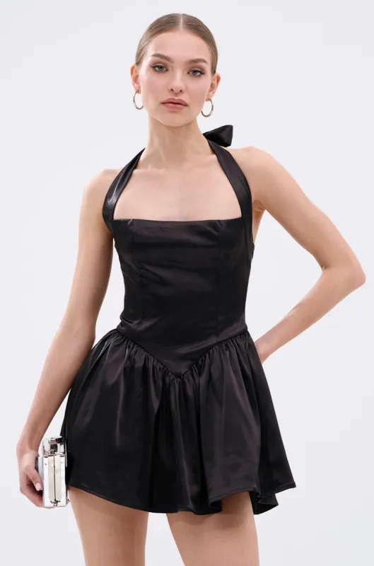 LIKE DAYLIGHT SATIN MINI DRESS IN BLACK sold by AKIRA