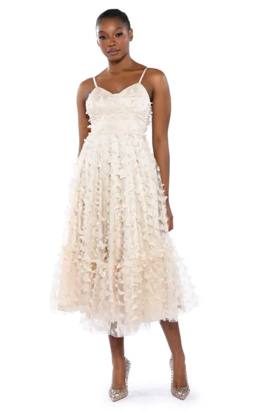 MARIPOSA SLEEVELESS APPLIQUE MIDI DRESS sold by AKIRA
