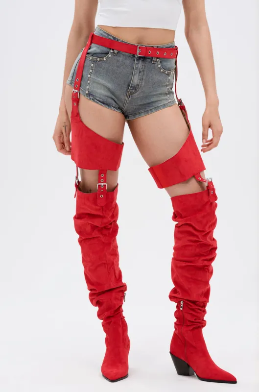AZALEA WANG XOMARIA RED FAUX SUEDE WESTERN CHAP BOOT sold by AKIRA