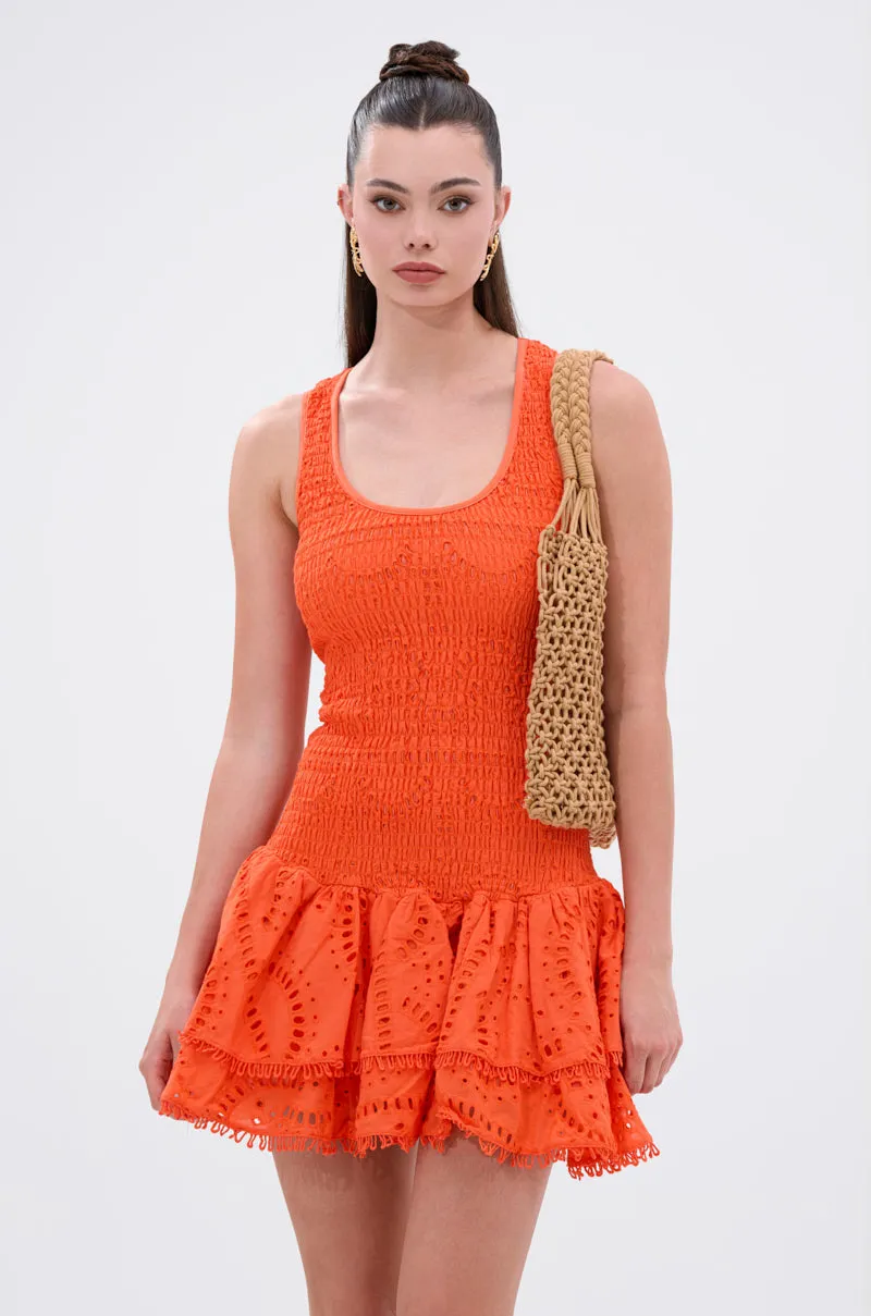 LET'S GO TO THE BEACH RUFFLE MINI DRESS IN ORANGE sold by AKIRA