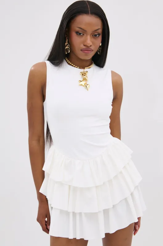EVERYDAY UNIFORM RUFFLED MINI DRESS IN IVORY sold by AKIRA