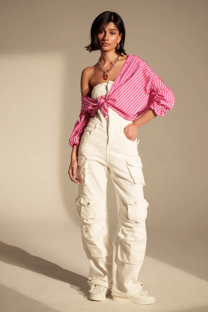 LINDSAY DENIM CARGO JUMPSUIT IN WHITE sold by AKIRA