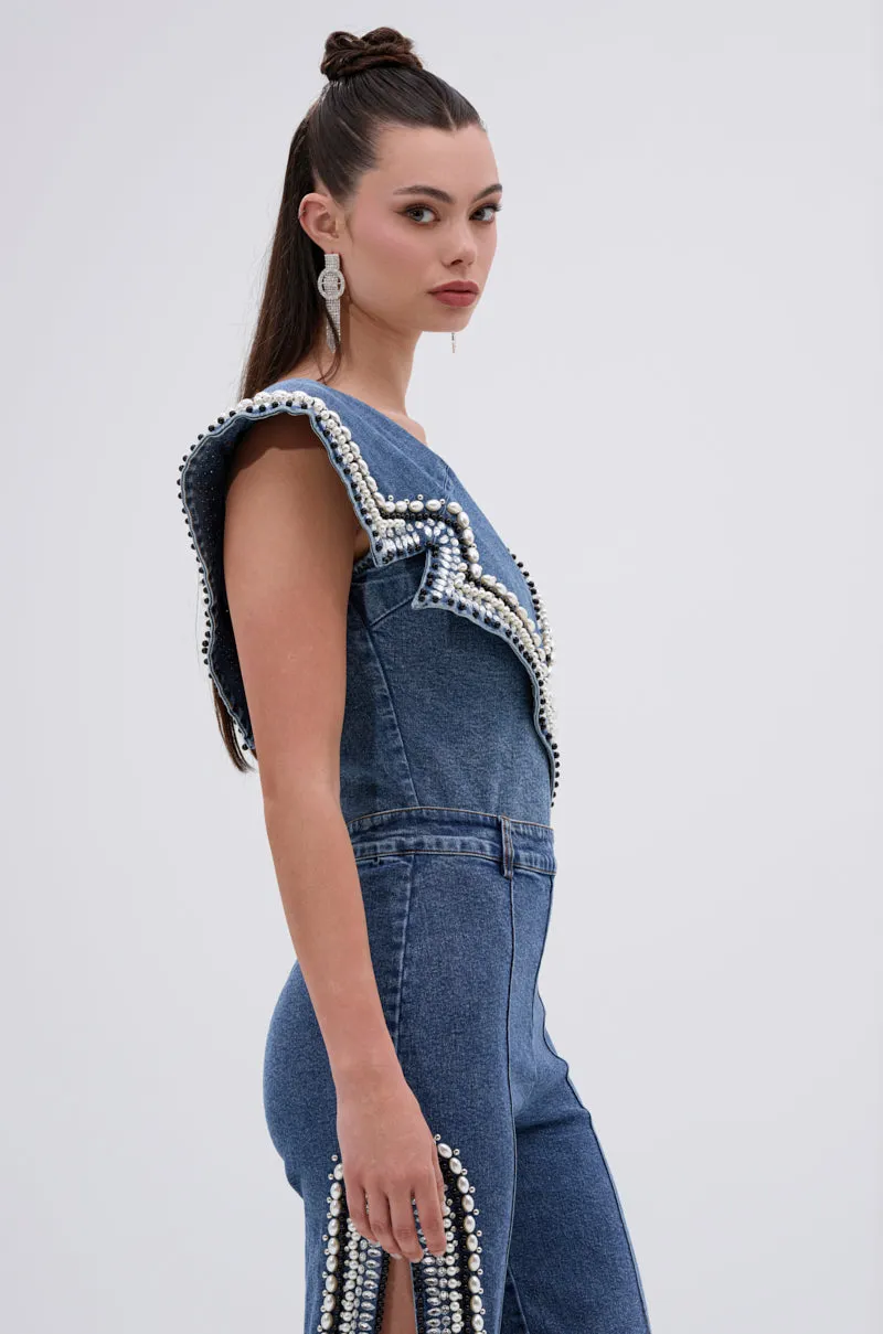 LUXURIOUS DENIM ASYMMETRICAL PEARL BODYSUIT sold by AKIRA product image thumbnail 3