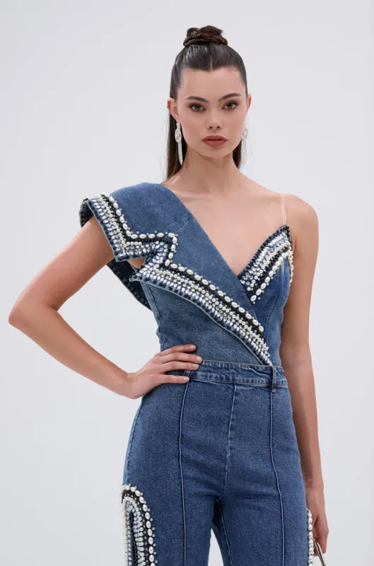 LUXURIOUS DENIM ASYMMETRICAL PEARL BODYSUIT made by AKIRA