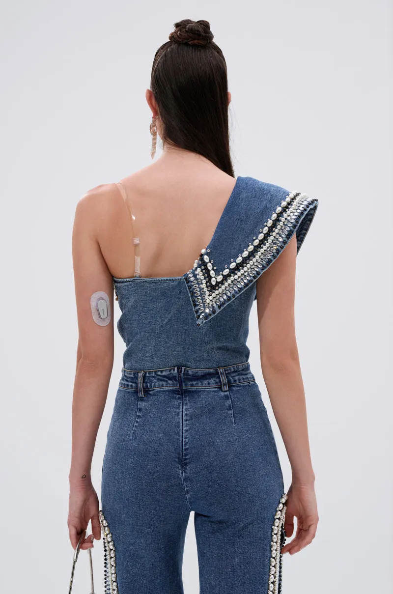 LUXURIOUS DENIM ASYMMETRICAL PEARL BODYSUIT sold by AKIRA product image thumbnail 5