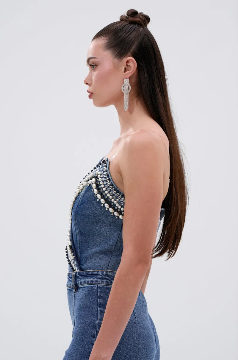 LUXURIOUS DENIM ASYMMETRICAL PEARL BODYSUIT sold by AKIRA product image thumbnail 4