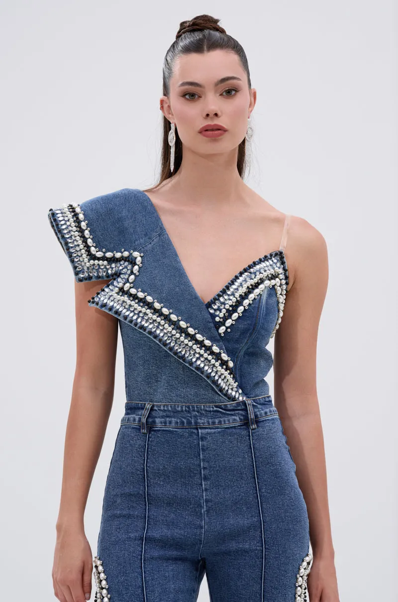 LUXURIOUS DENIM ASYMMETRICAL PEARL BODYSUIT sold by AKIRA product image thumbnail 2