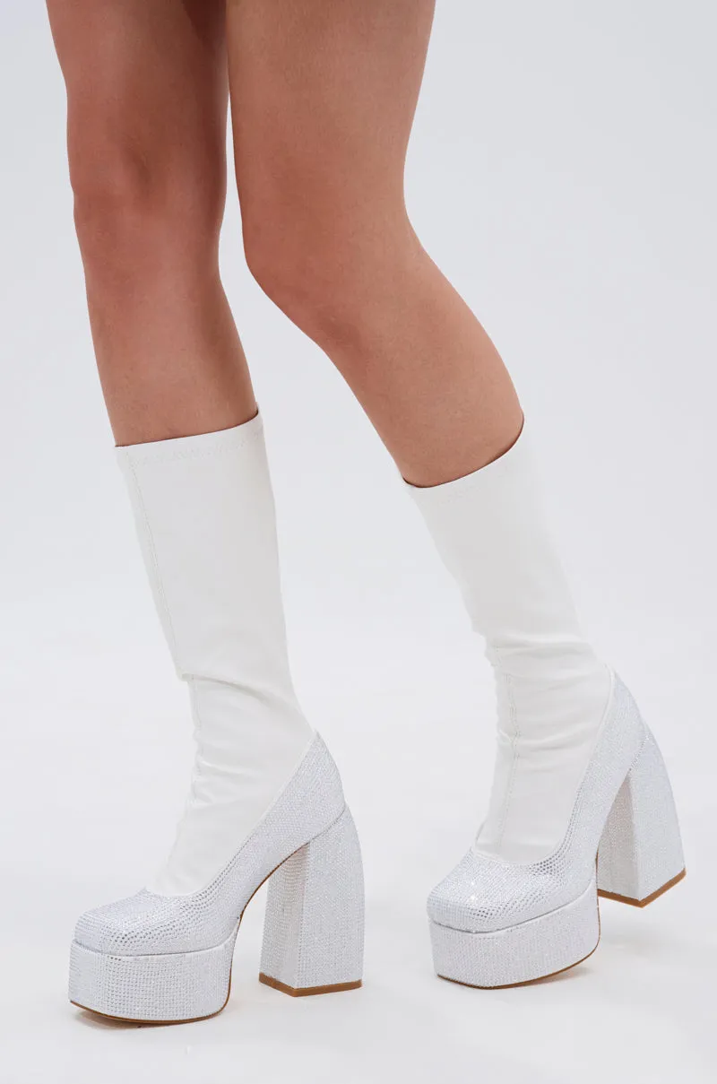 AZALEA WANG AURONNE WHITE AND RHINESTONE CHUNKY BOOT sold by AKIRA