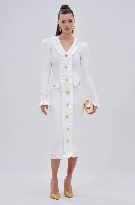 SAKURA BANDAGE RUFFLE MIDI DRESS IN WHITE sold by AKIRA