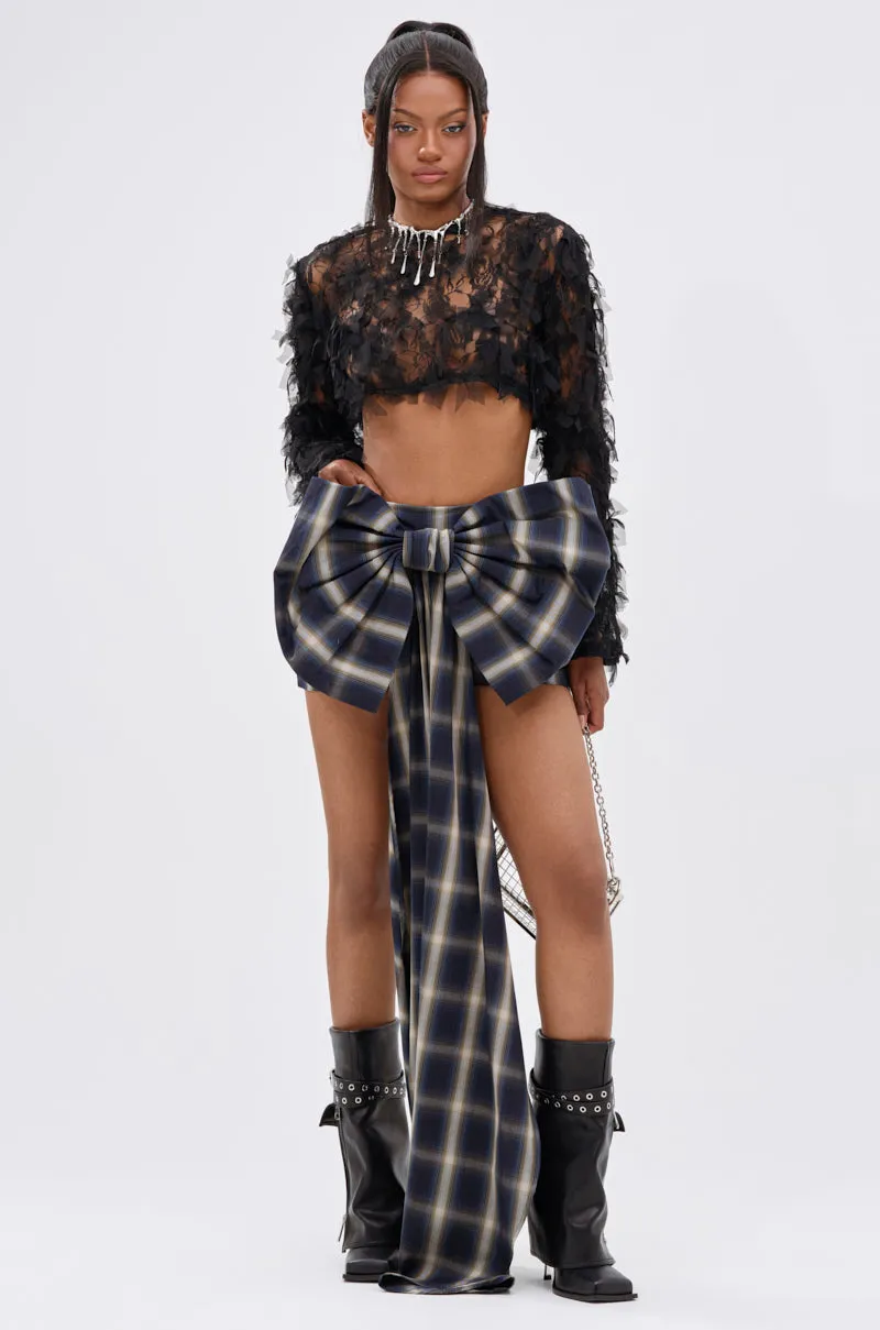PRETTY LIKE ME PLAID BOW MINI SKIRT sold by AKIRA