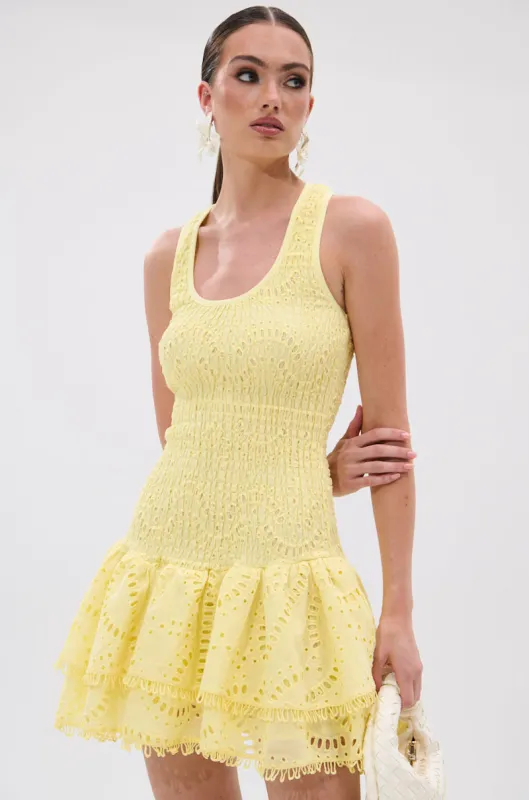 LET'S GO TO THE BEACH RUFFLE MINI DRESS IN YELLOW sold by AKIRA