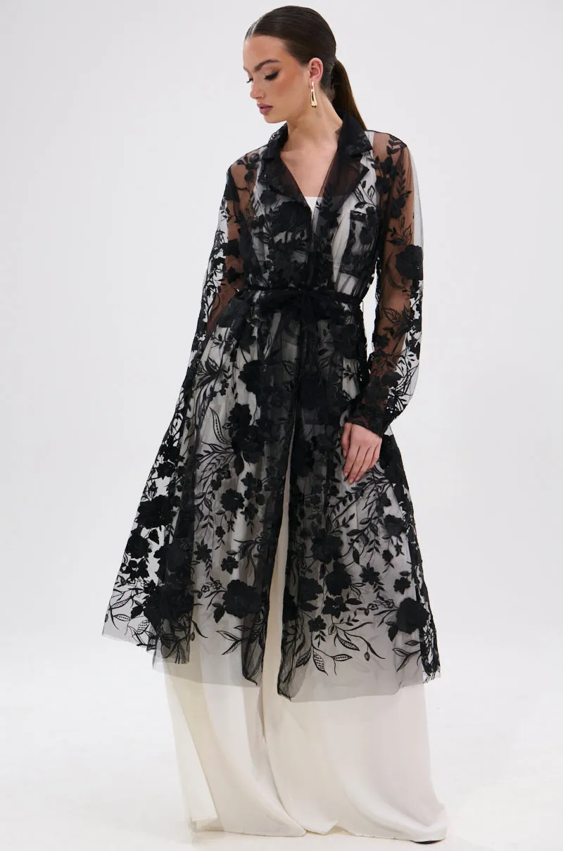 IN BLOOM SHEER TRENCH IN BLACK sold by AKIRA