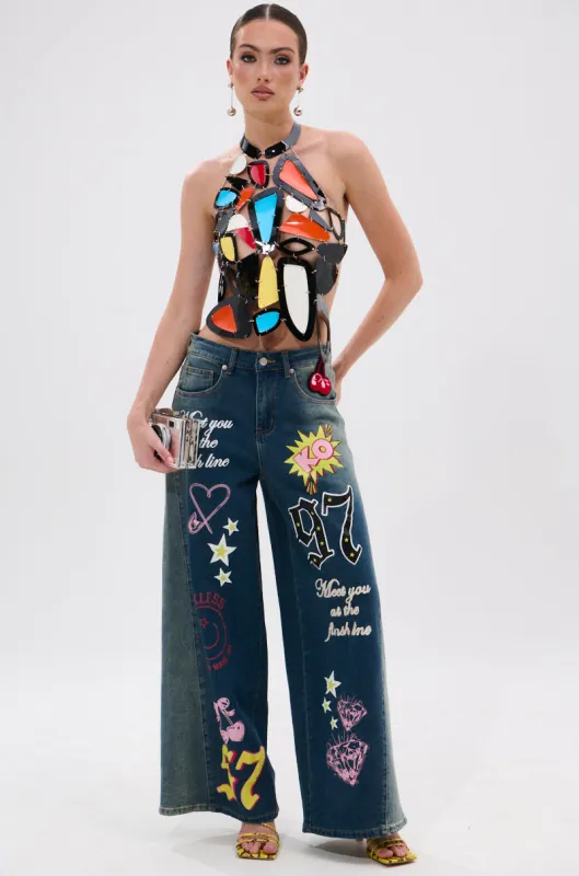 TKO GRAPHIC WIDE LEG DENIM JEAN sold by AKIRA