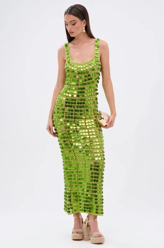 SHINE BRIGHT CROCHET SEQUIN MAXI DRESS IN GREEN sold by AKIRA