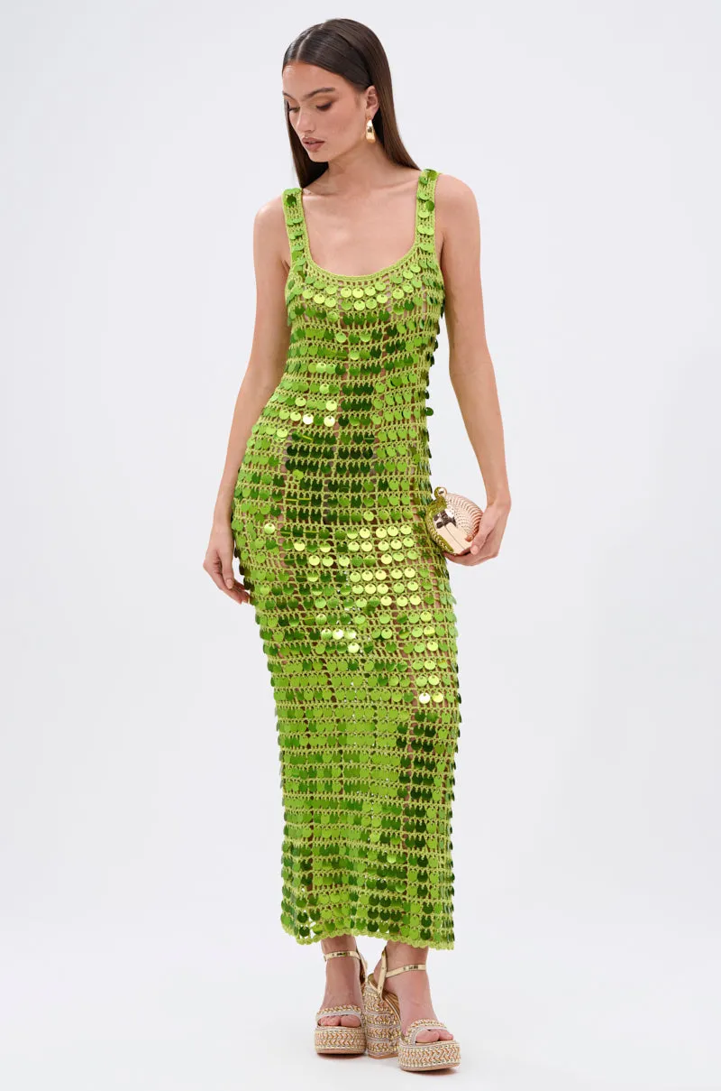 SHINE BRIGHT CROCHET SEQUIN MAXI DRESS IN GREEN sold by AKIRA
