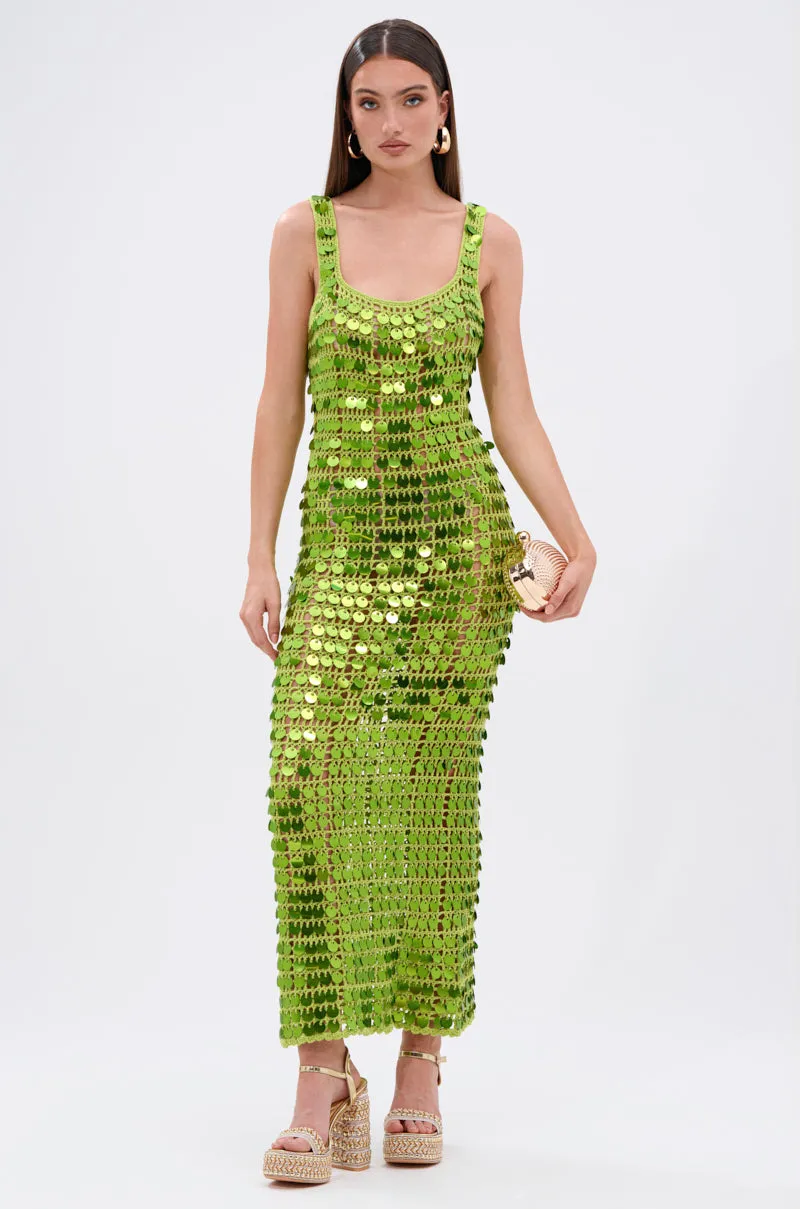 SHINE BRIGHT CROCHET SEQUIN MAXI DRESS IN GREEN sold by AKIRA product image thumbnail 3