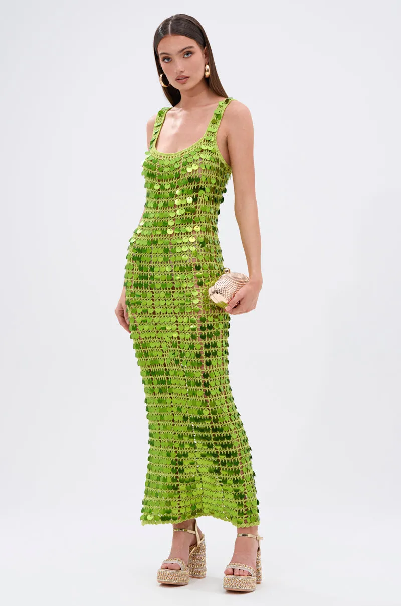 SHINE BRIGHT CROCHET SEQUIN MAXI DRESS IN GREEN sold by AKIRA product image thumbnail 2