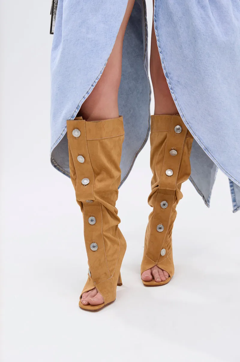 AZALEA WANG KAZUKI TAN SLOUCHY SUEDE OPEN TOE BOOT sold by AKIRA