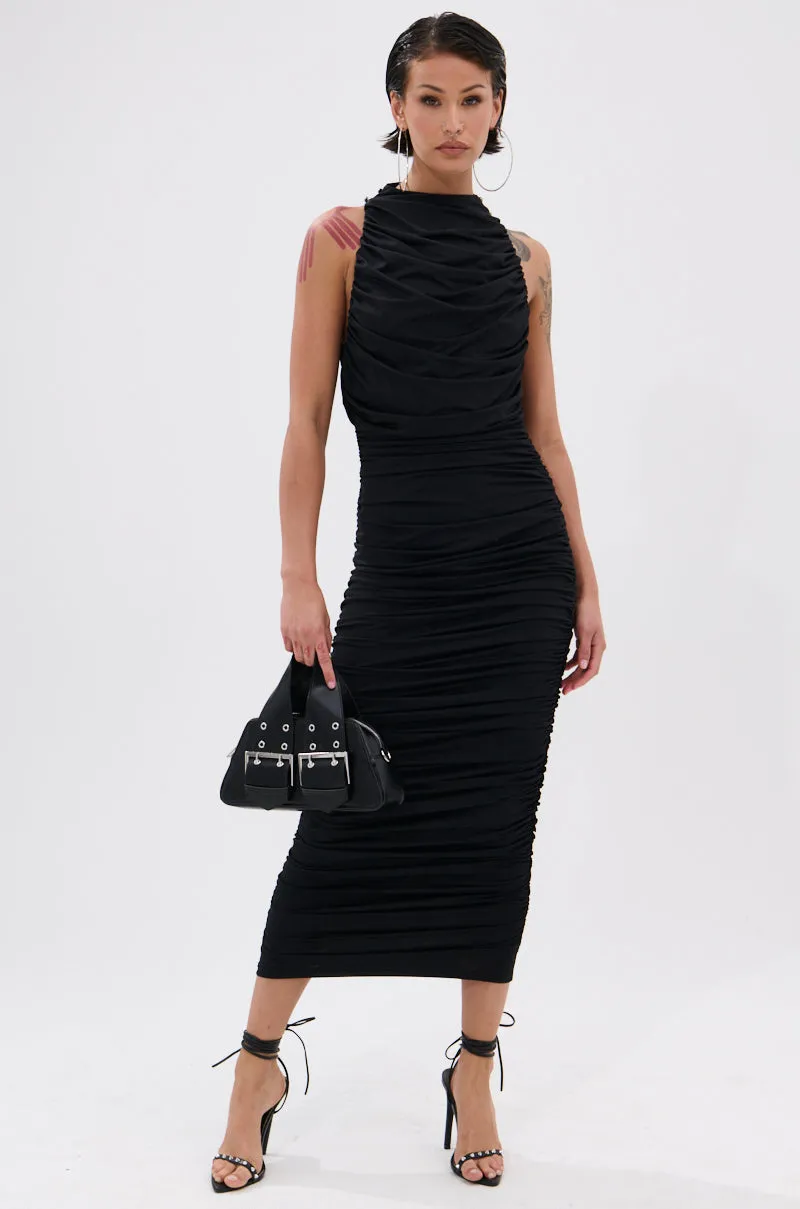 BUSINESS IN FRONT PARTY IN BACK MIDI DRESS IN BLACK sold by AKIRA
