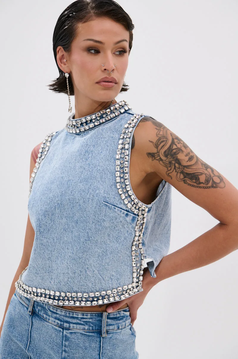 POPPING OUT RHINESTONE DENIM BLOUSE sold by AKIRA
