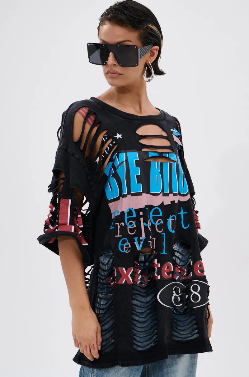 BYE GIRL OVERSIZED DISTRESSED TEE sold by AKIRA