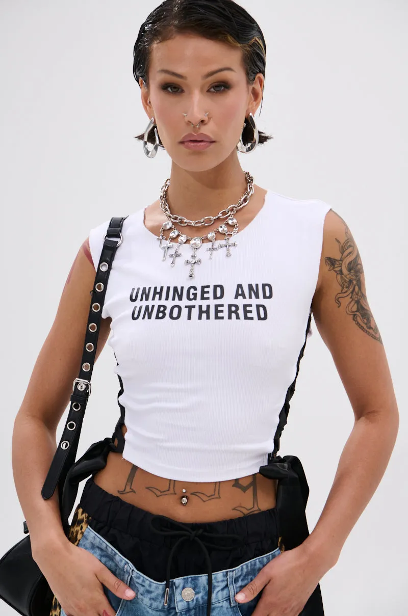 UNHINGED AND UNBOTHERED SIDE LACE CROPPED TEE sold by AKIRA