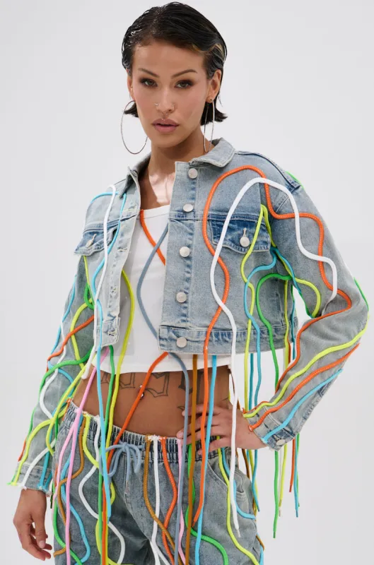WALK IT TALK IT DENIM JACKET made by AKIRA