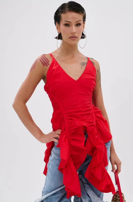 DROP IT RUCHED TANK TOP IN RED sold by AKIRA